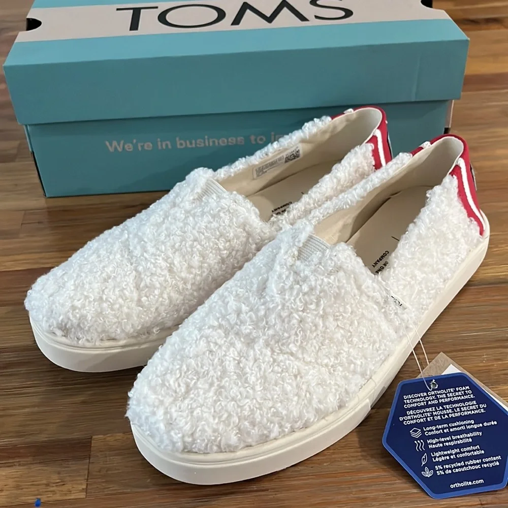 Toms Alpargata Cupsole Natural Faux Shearling Slip On Red White Size 6
